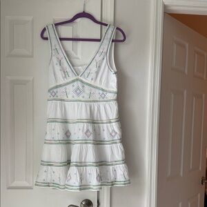 American Eagle Outfitters White Mini Dress with Pink and Green Embroidery